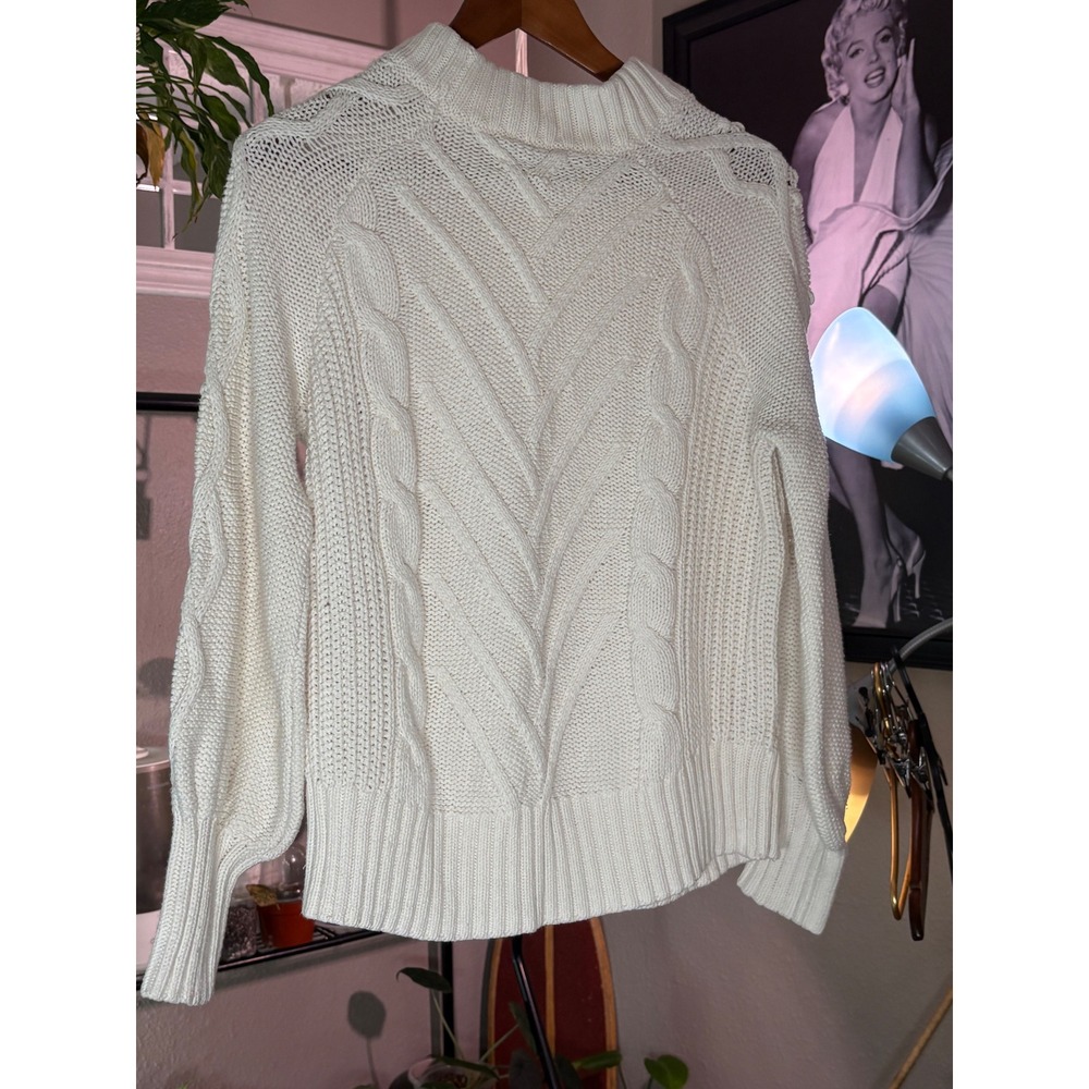 LOFT‎ Sweater Womens L Cream Cable Knit Popcorn Stitch Mock Neck Pullover Cozy - Picture 3 of 12